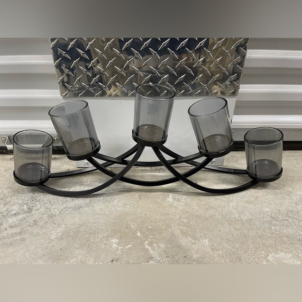 Modern Black Metal Frame Candle Holder Centerpiece With 5 Smoked Glass